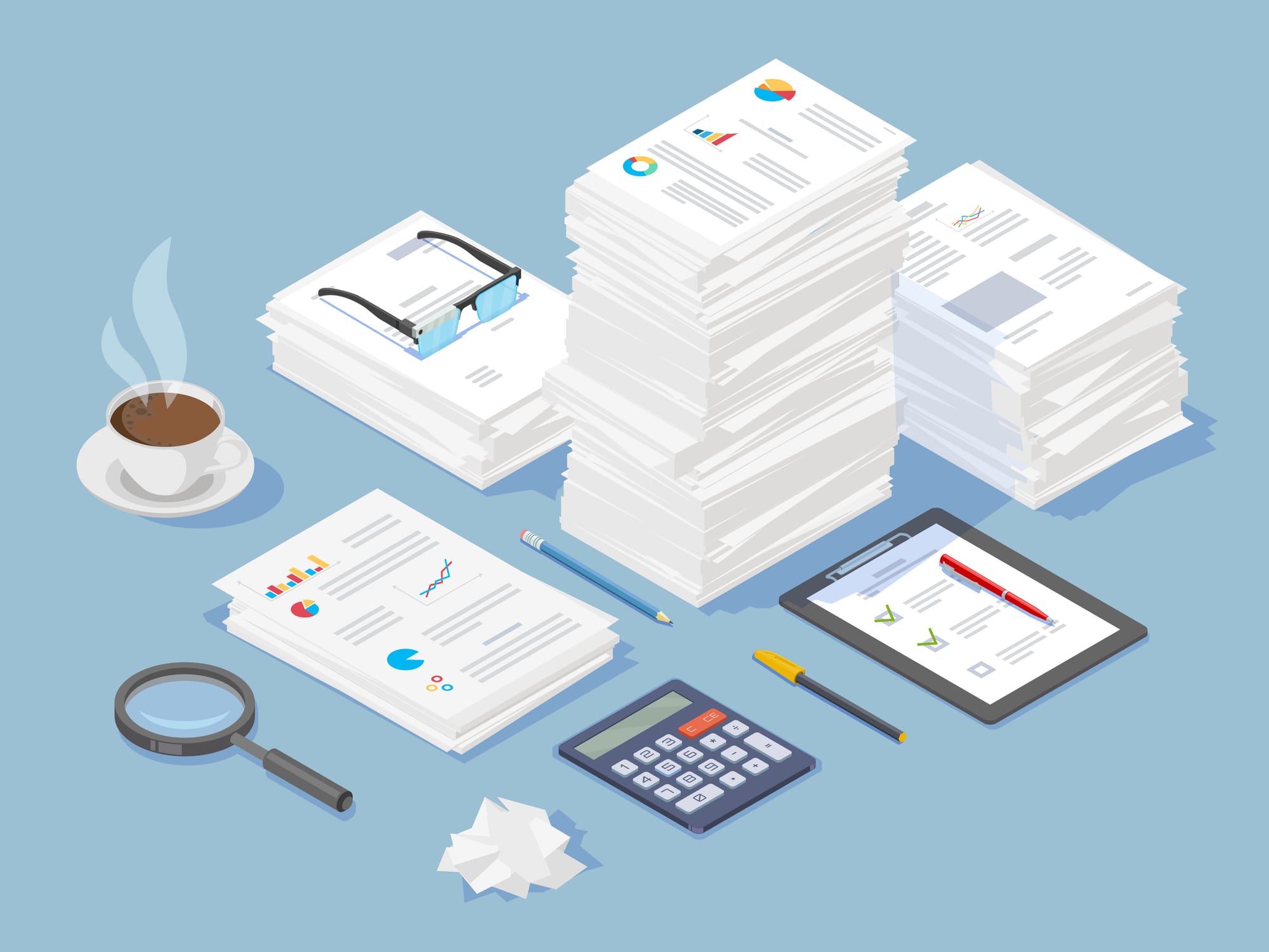 a cartoon drawing of lots of neat piles of paper and some other things you might see on a desk.